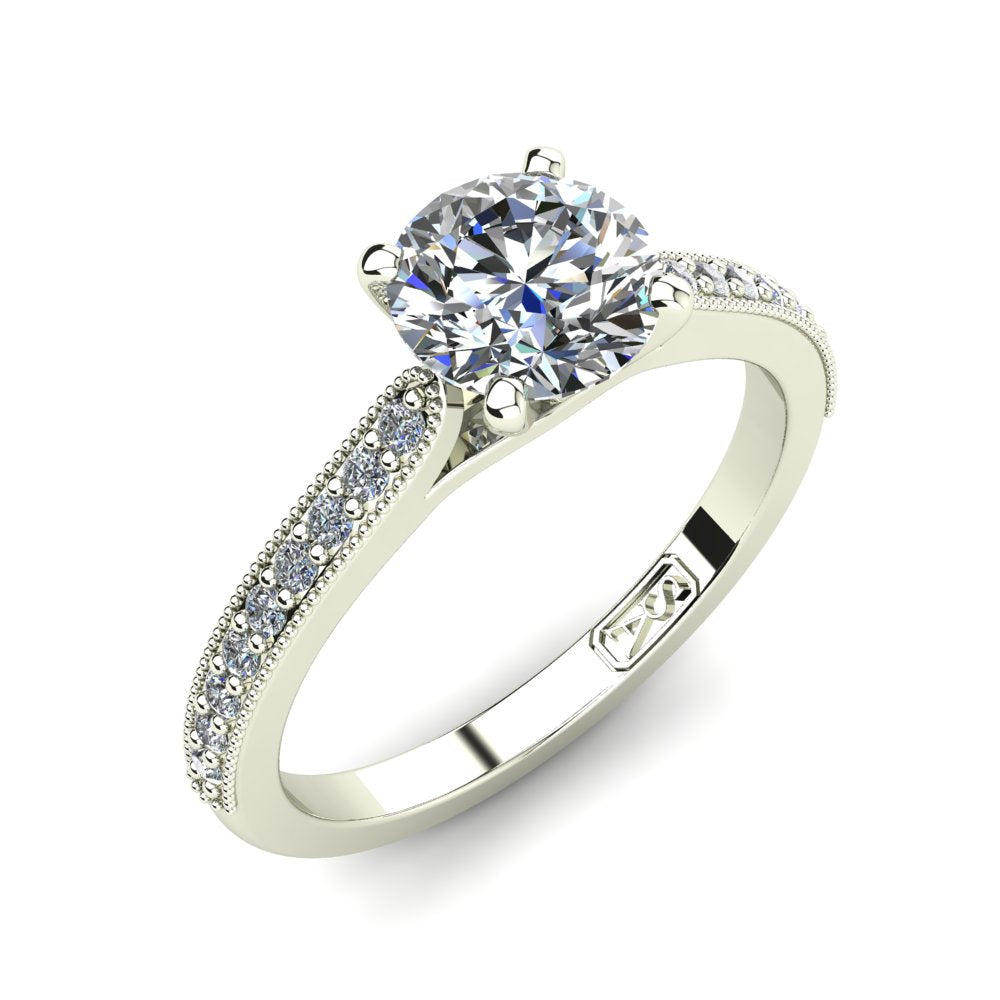 Nadia Round Brilliant Cut Lab Grown Engagement Ring in white gold, three-quarter view
