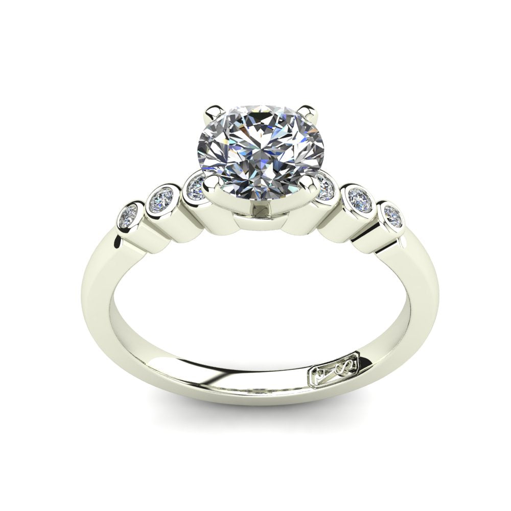 Riley Round Brilliant Cut Engagement Ring in white gold, top view, as seen on the hand