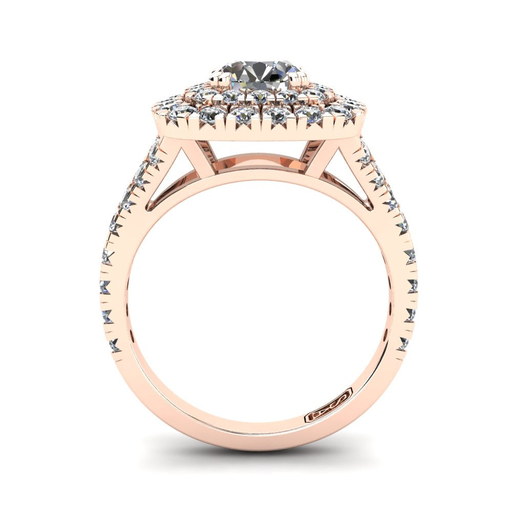 18kt Rose Gold, Double Halo Setting with Split Accent Stone Band