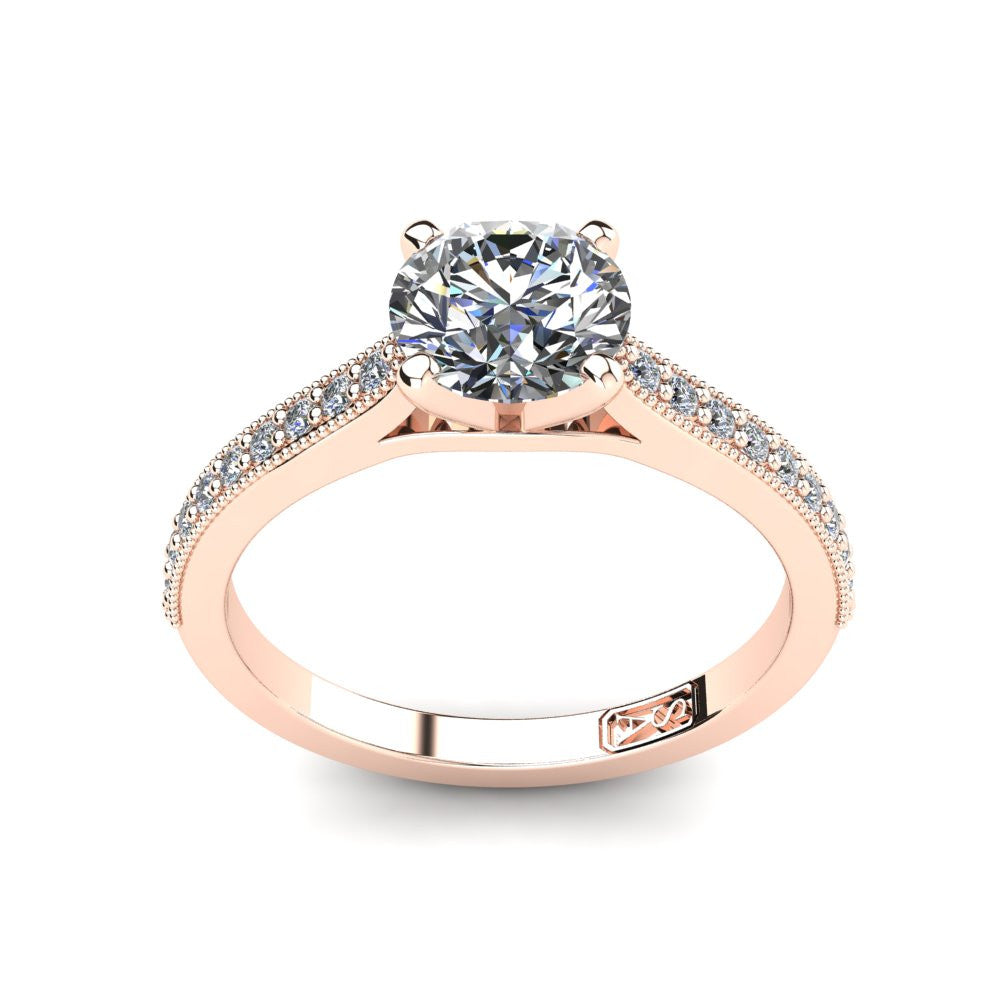 18kt Rose Gold, Solitaire Setting with Grain set Accent Stones