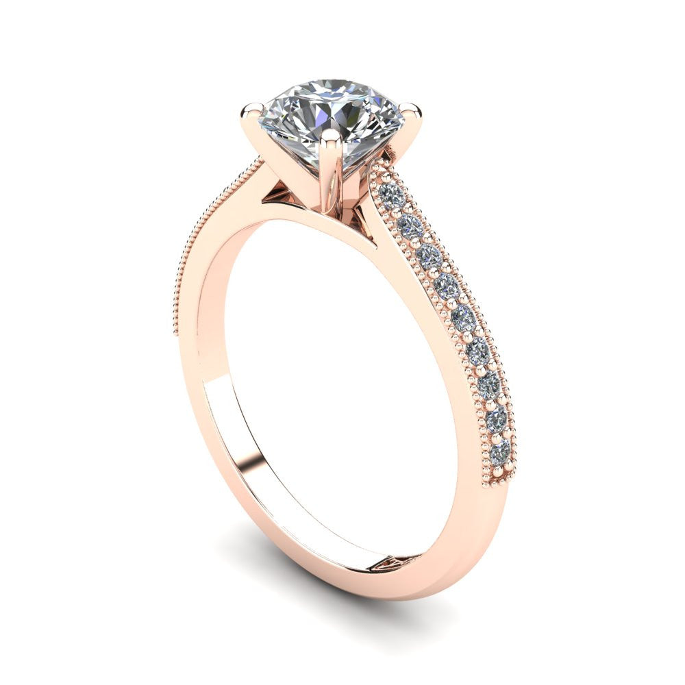 18kt Rose Gold, Solitaire Setting with Grain set Accent Stones