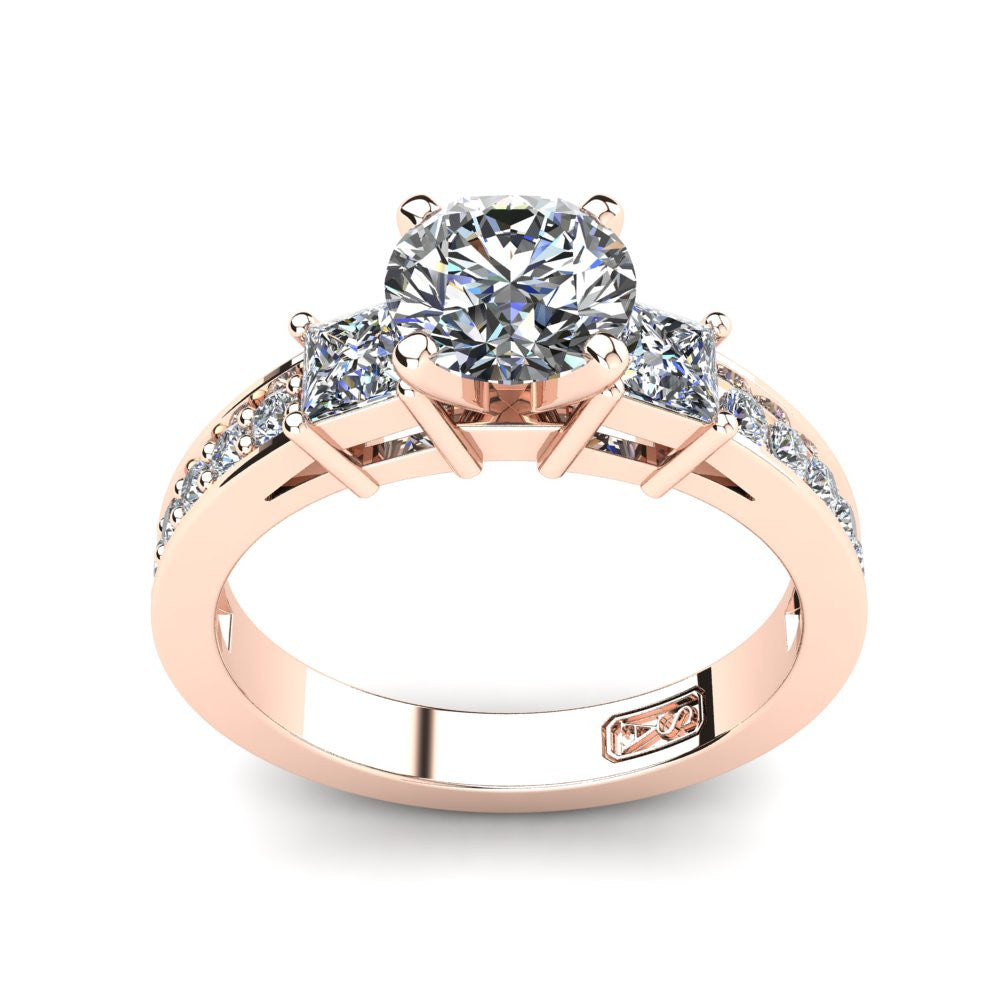 18kt Rose Gold, Tri-Stone Setting with Bead set Accent Stones