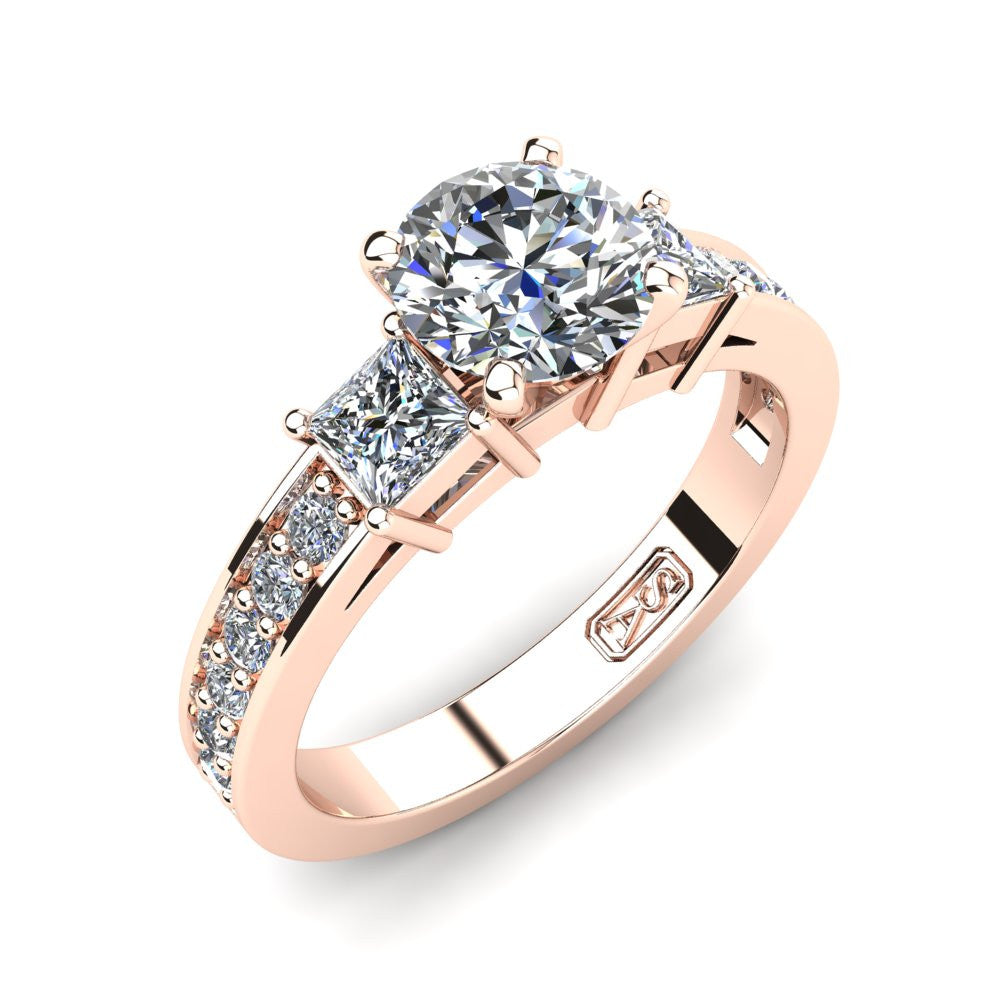18kt Rose Gold, Tri-Stone Setting with Bead set Accent Stones