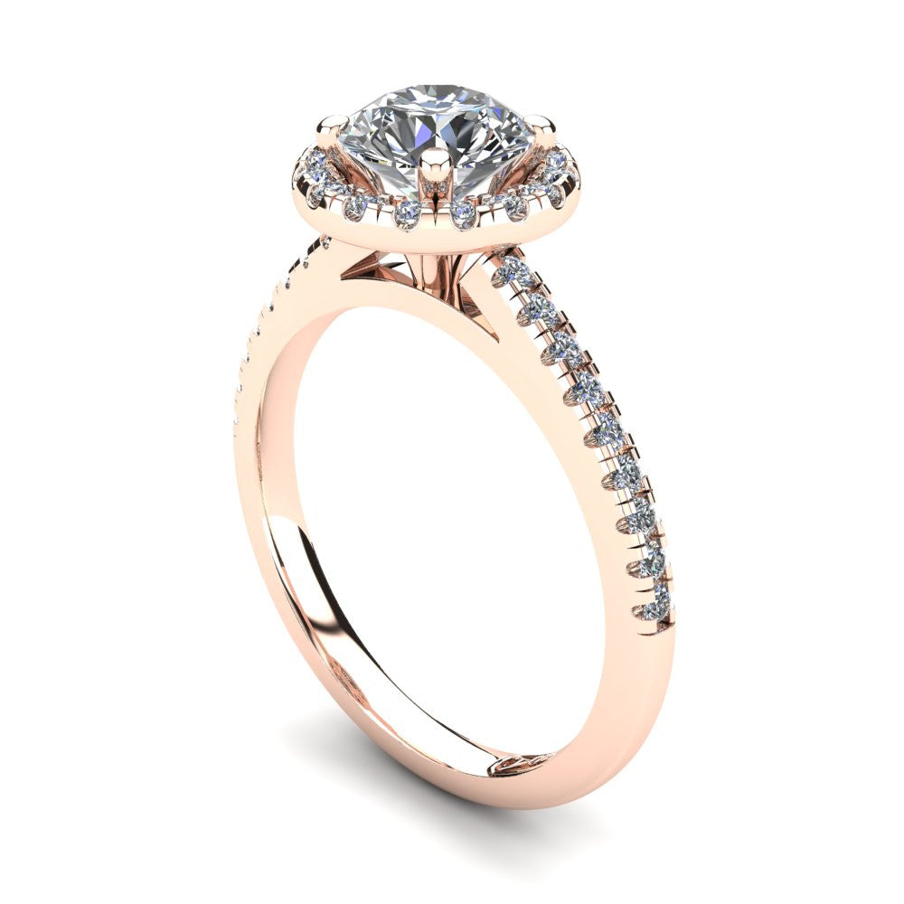 18kt Rose Gold, Halo Setting with Pavé set Accent Stones