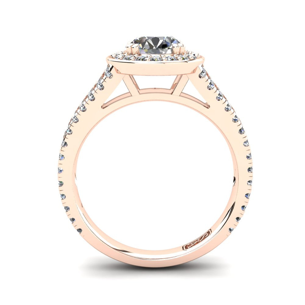 18kt Rose Gold, Halo Setting with Split Accent Stone Band