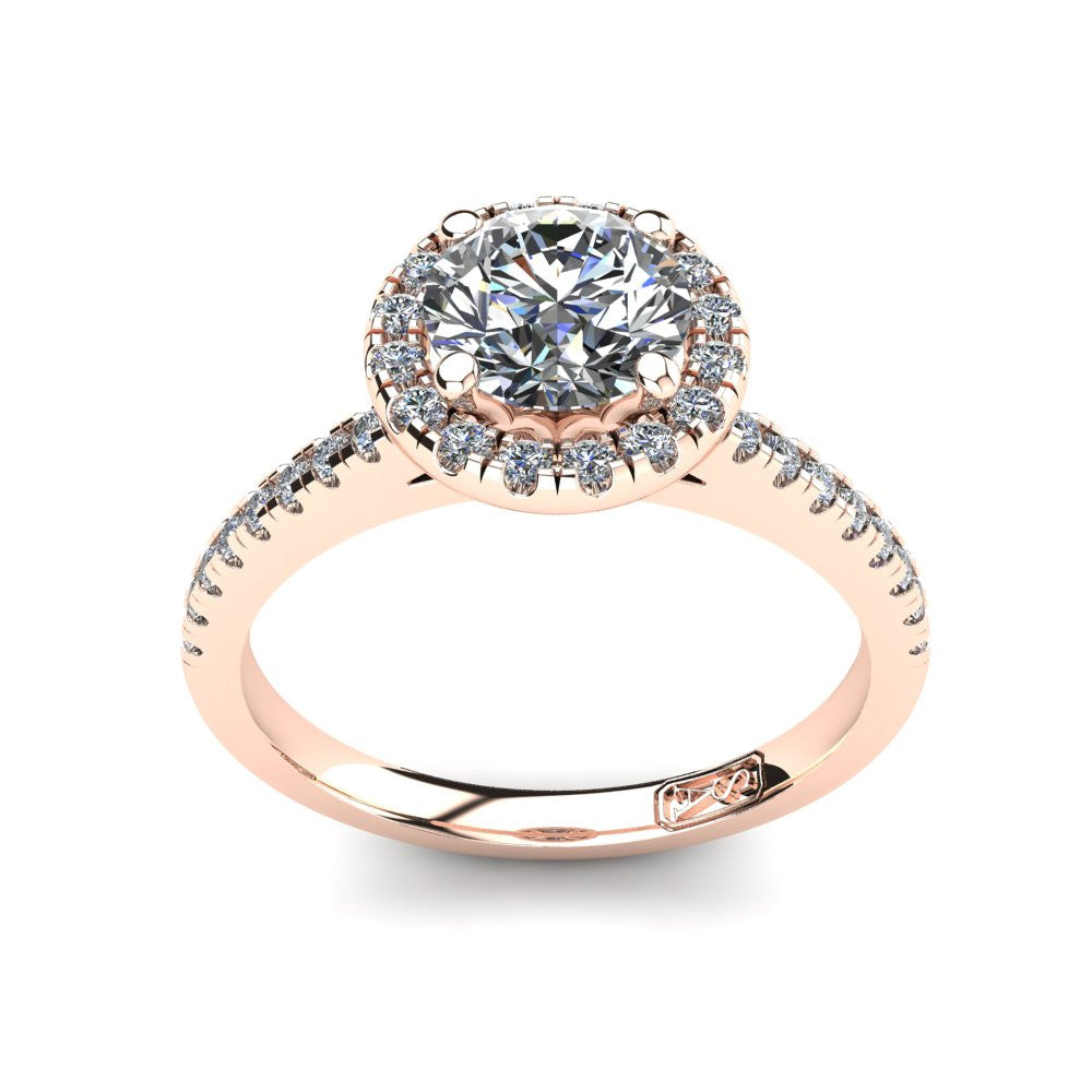 18kt Rose Gold, Halo Setting with Pavé set Accent Stones
