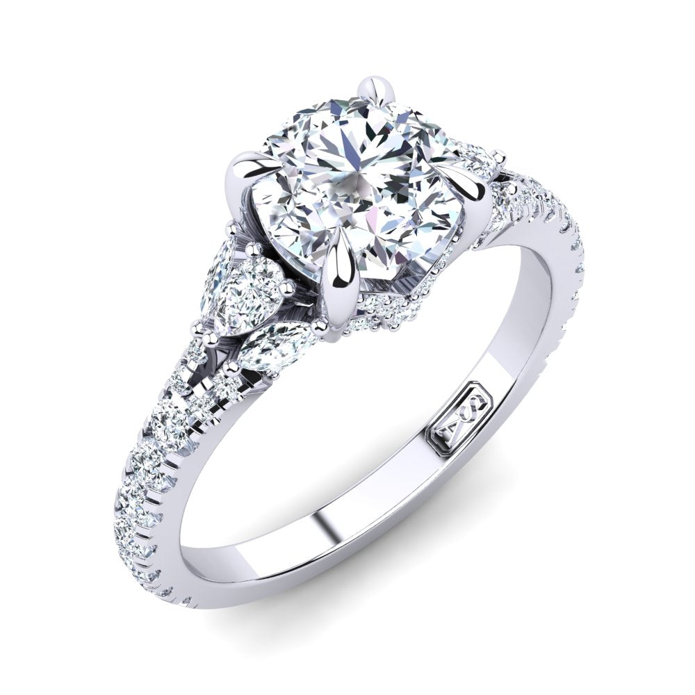 18kt White Gold Solitaire with Split Band and Pear Marquise and RBC Accent Stones