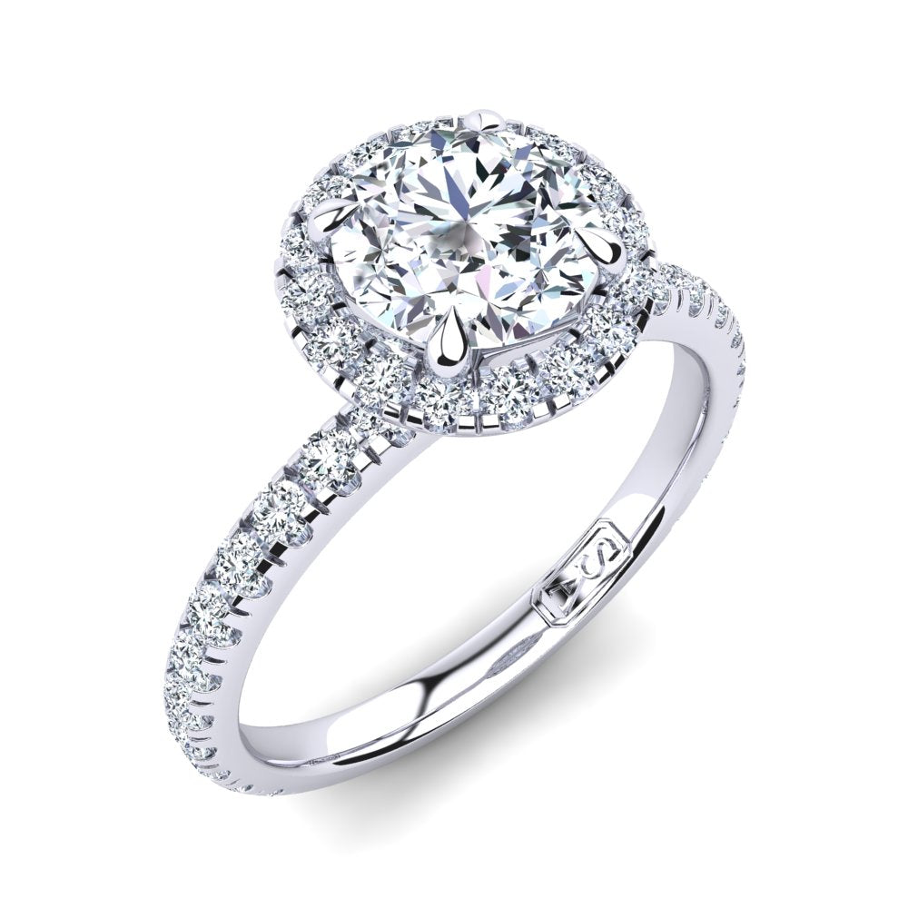 18kt White Gold Solitaire 4 Claw Setting with Raised Halo and Accent Stones
