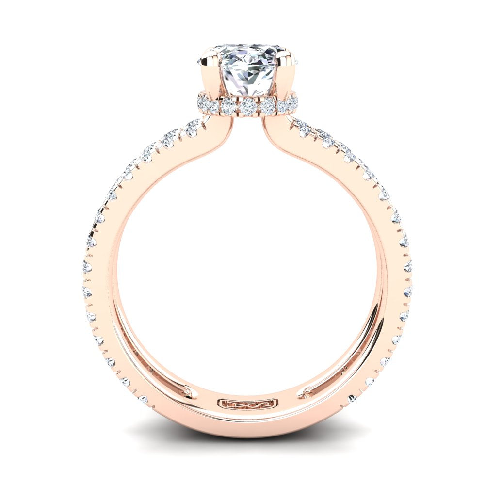 18kt Rose Gold, Solitaire Hidden Halo Setting, Dual Band with Scallop Setting Accent Stones