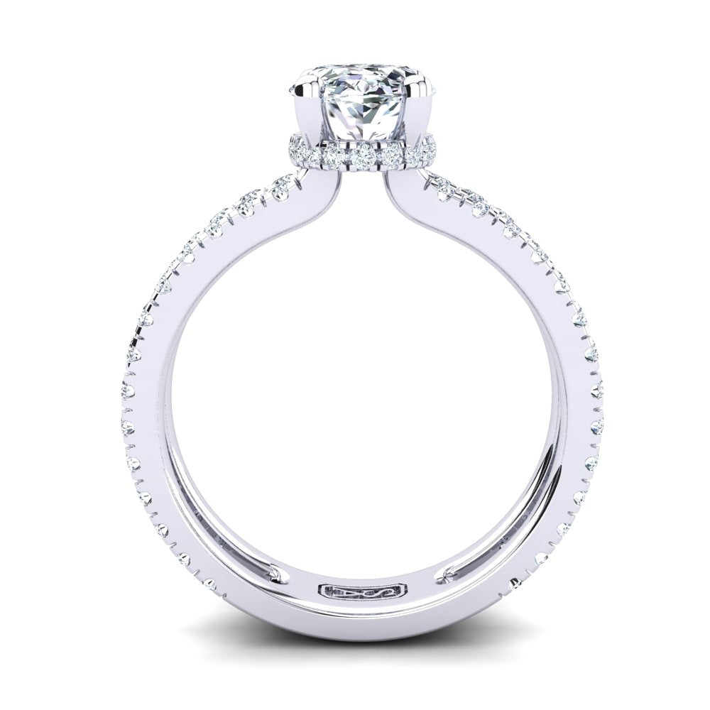18kt White Gold, Solitaire Hidden Halo Setting, Dual Band with Scallop Setting Accent Stones