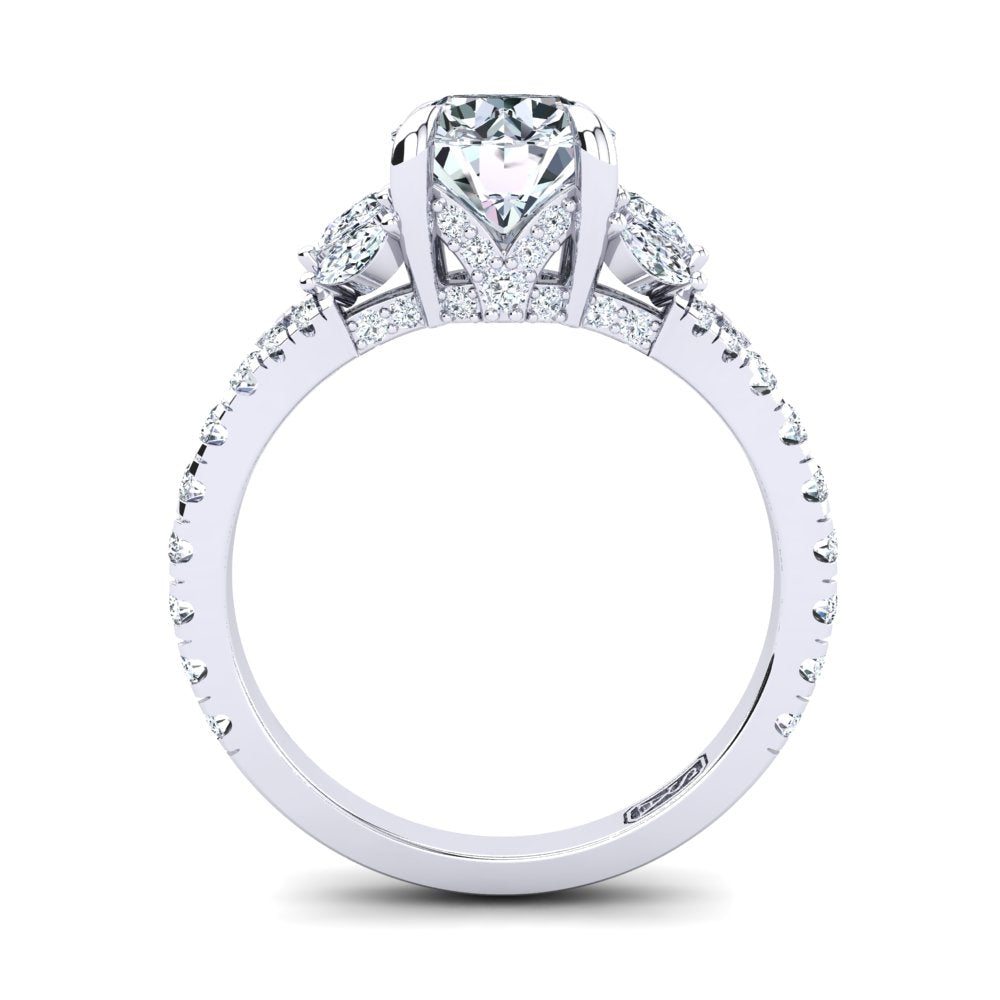 18kt White Gold Solitaire with Split Band and Pear Marquise and RBC Accent Stones