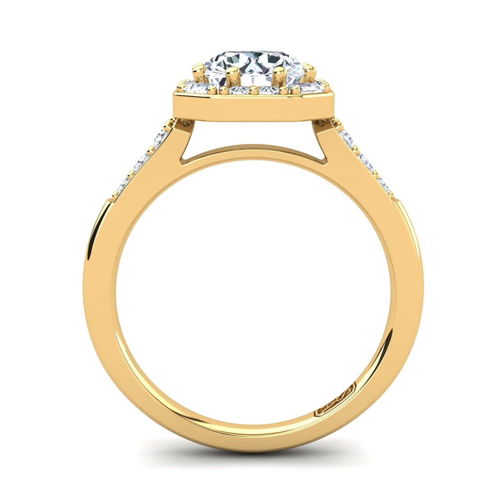 18kt Yellow Gold Solitaire with Vintage Halo and Baguette and RBC Accent Stones