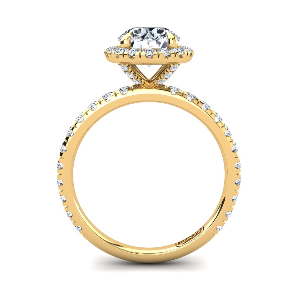 18kt Yellow Gold Solitaire 4 Claw Setting with Raised Halo and Accent Stones