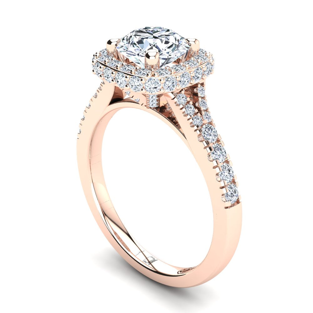 18kt Rose Gold Solitaire with Double Halo and Accent Diamonds with U Setting
