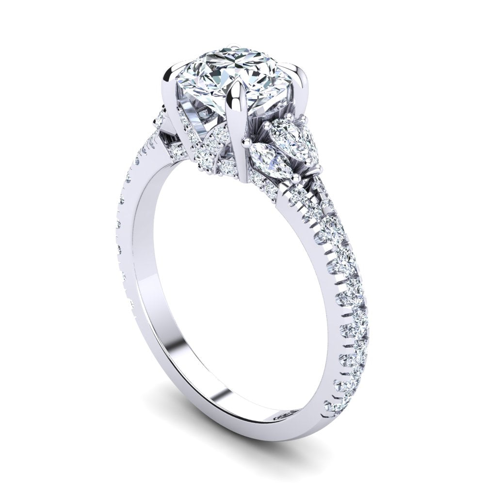 18kt White Gold Solitaire with Split Band and Pear Marquise and RBC Accent Stones