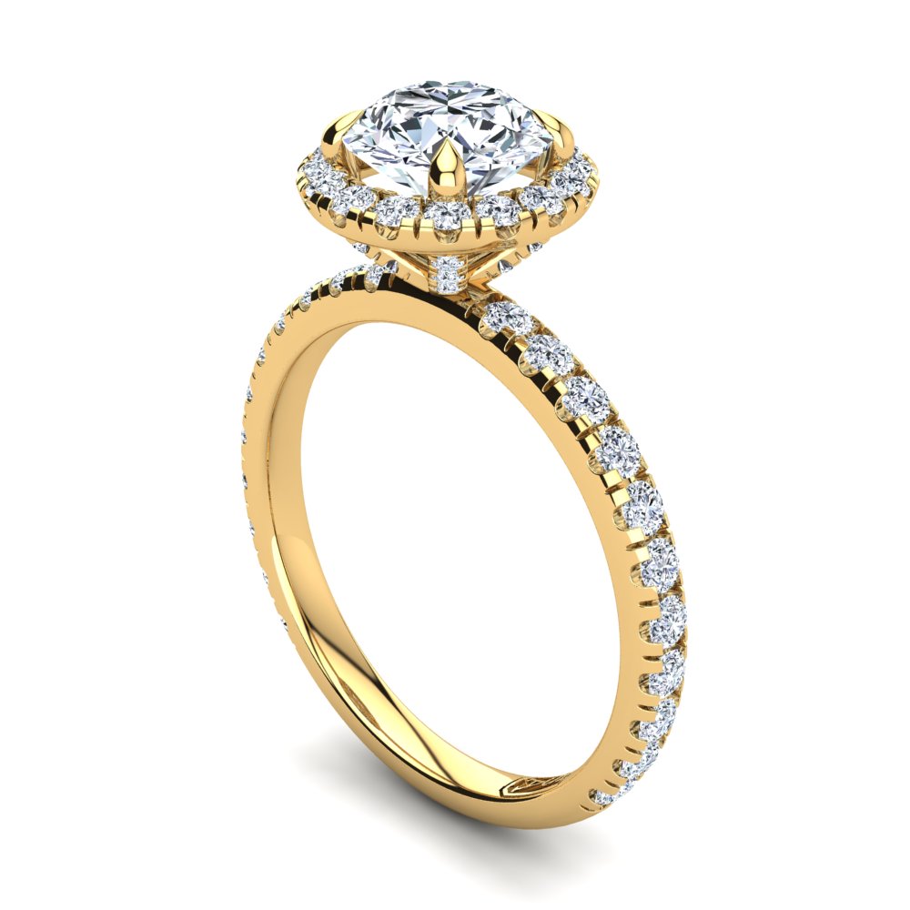 18kt Yellow Gold Solitaire 4 Claw Setting with Raised Halo and Accent Stones
