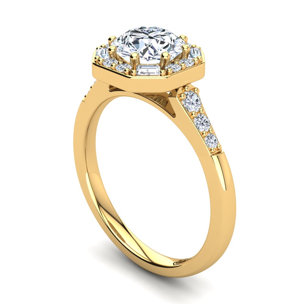18kt Yellow Gold Solitaire with Vintage Halo and Baguette and RBC Accent Stones