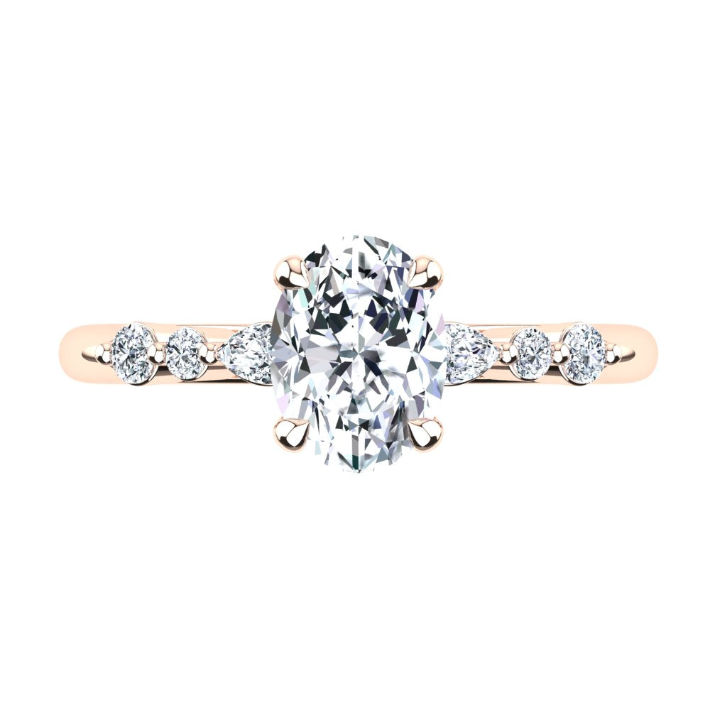 18kt Rose Gold, 4 Claw Solitaire Setting with RBC and Pear Accent Stones