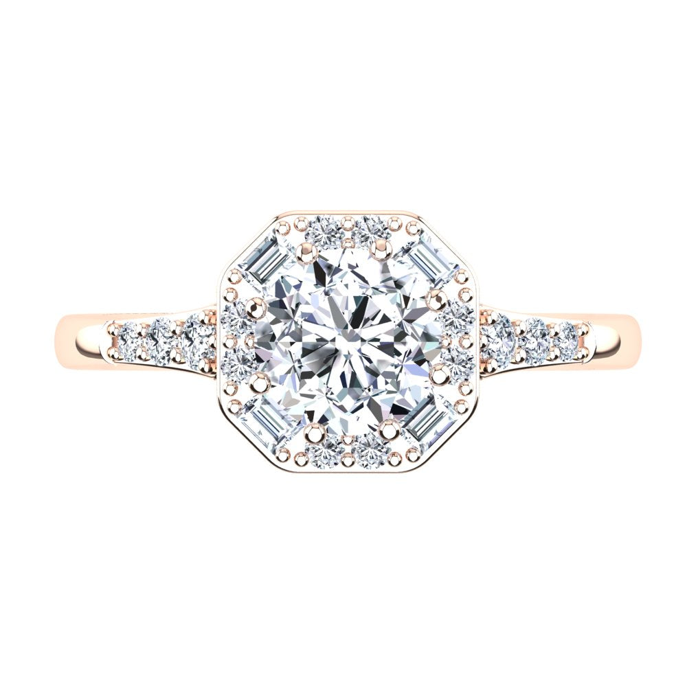 18kt Rose Gold Solitaire with Vintage Halo and Baguette and RBC Accent Stones
