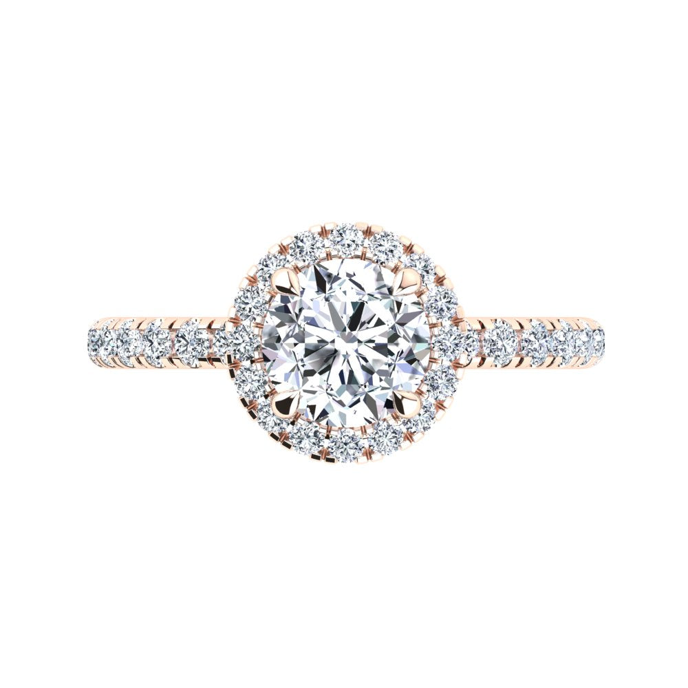 18kt Rose Gold Solitaire 4 Claw Setting with Raised Halo and Accent Stones