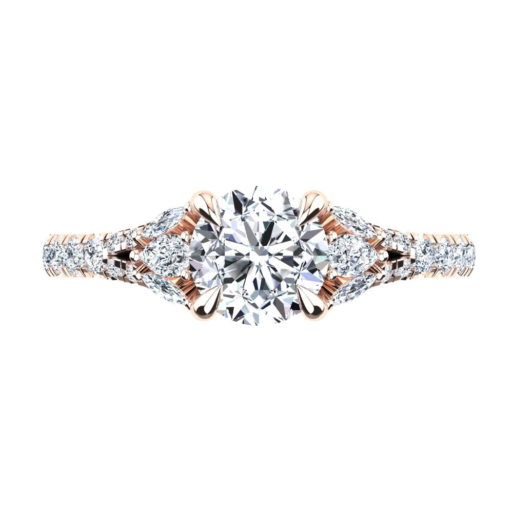 18kt Rose Gold Solitaire with Split Band and Pear Marquise and RBC Accent Stones