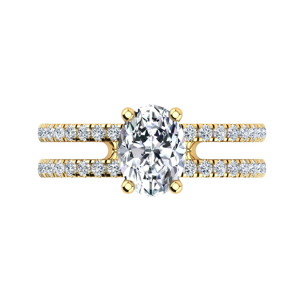 18kt Yellow Gold, Solitaire Hidden Halo Setting, Dual Band with Scallop Setting Accent Stones