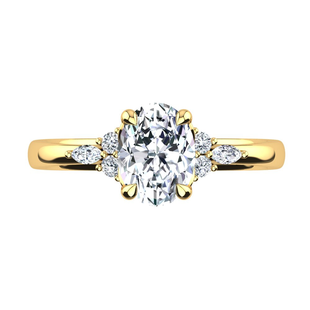 18kt Yellow Gold, 4 Claw Solitaire Filigree Basket Setting with Cluster RBC and Marquise Accent Stones