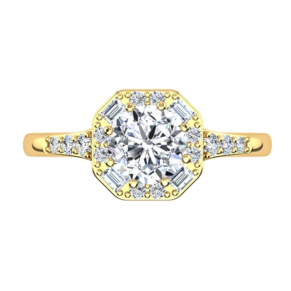 18kt Yellow Gold Solitaire with Vintage Halo and Baguette and RBC Accent Stones