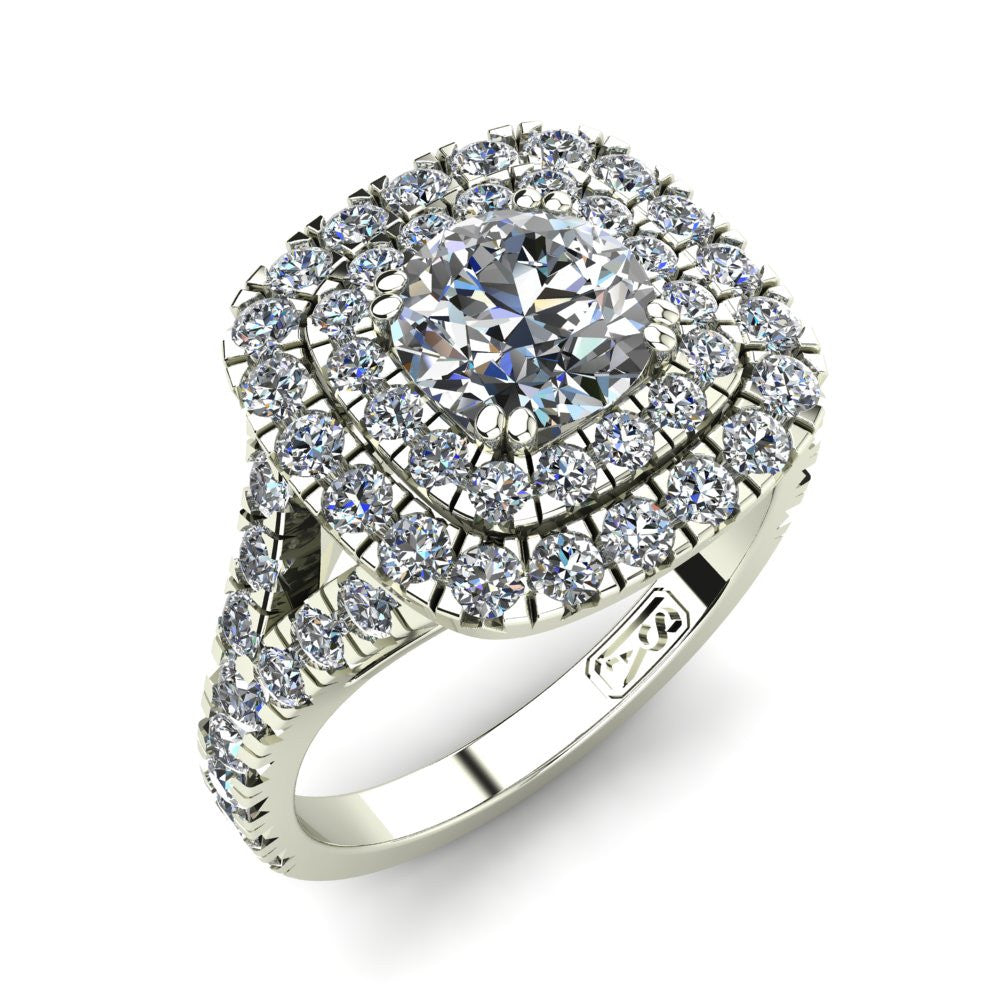 18kt White Gold, Double Halo Setting with Split Accent Stone Band