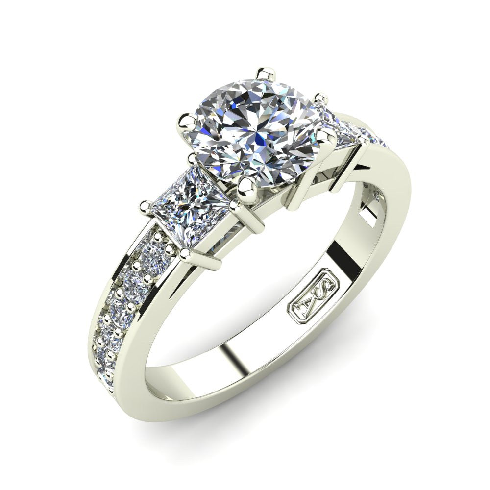 Platinum, Tri-Stone Setting with Bead set Accent Stones