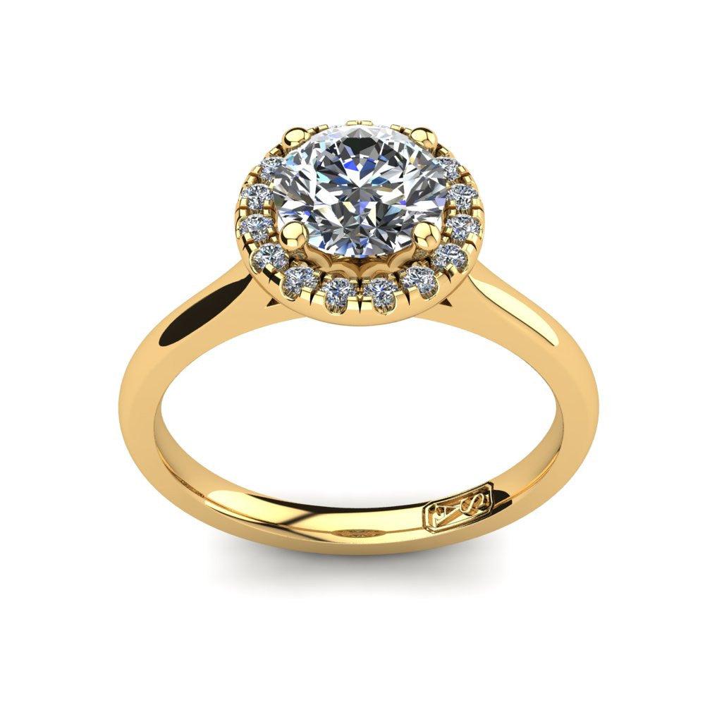 18kt Yellow Gold, Halo Setting with Half Round Band