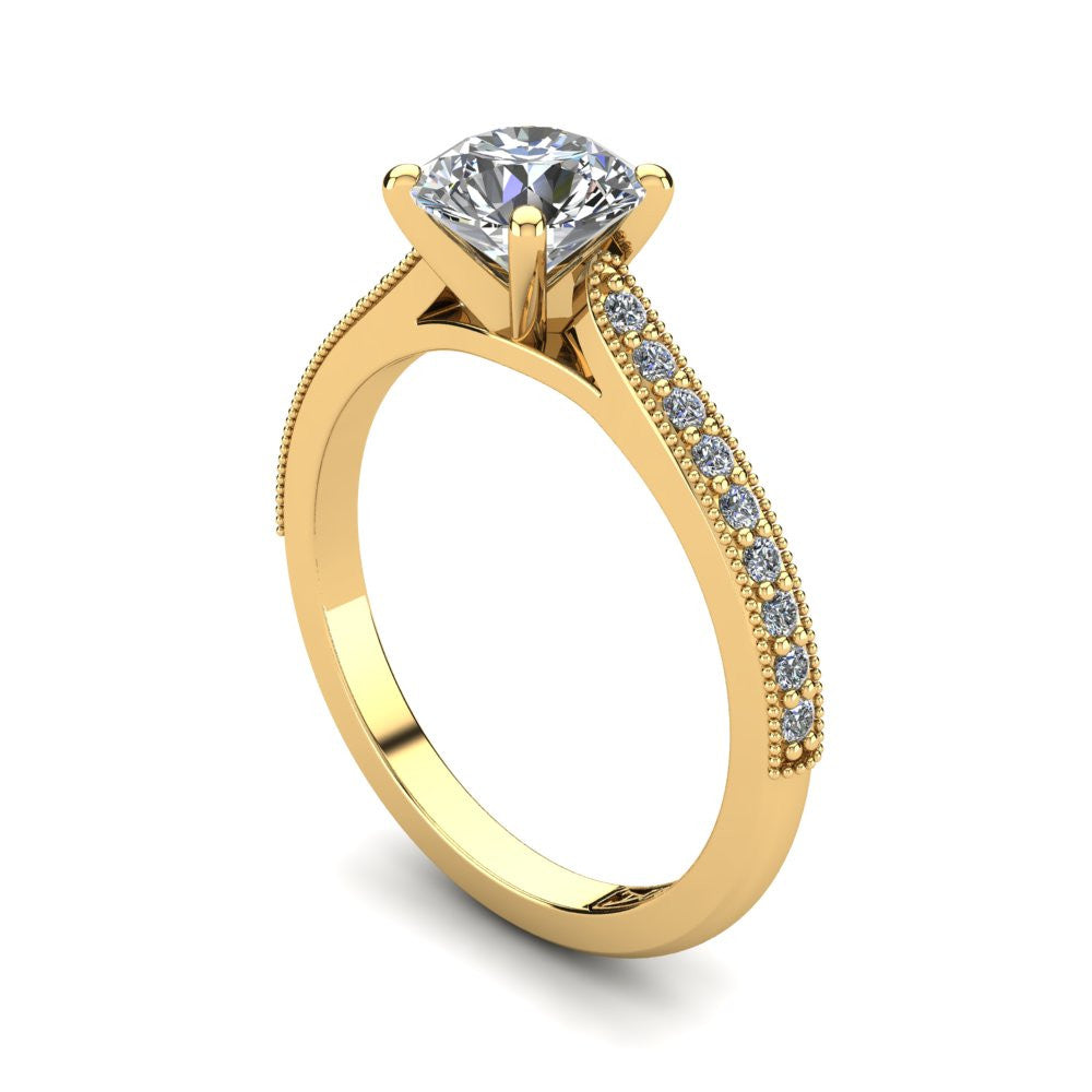 18kt Yellow Gold, Solitaire Setting with Grain set Accent Stones