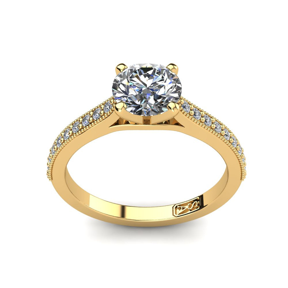 18kt Yellow Gold, Solitaire Setting with Grain set Accent Stones