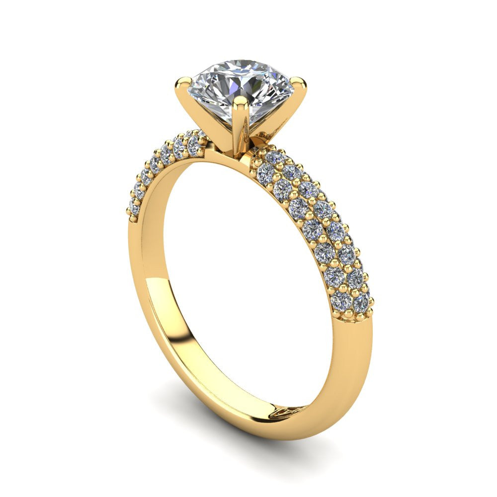 18kt Yellow Gold, Solitaire Setting with 3 Row Pavé set Accent Stones