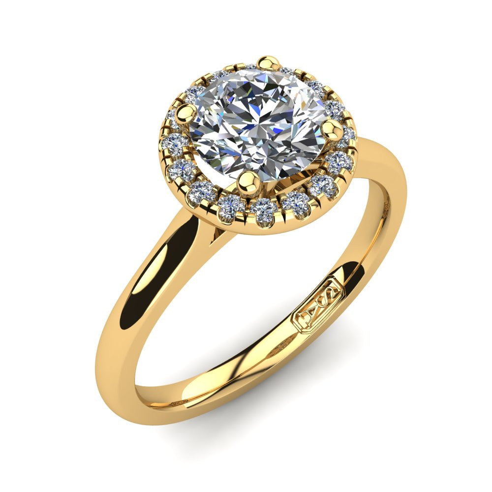18kt Yellow Gold, Halo Setting with Half Round Band