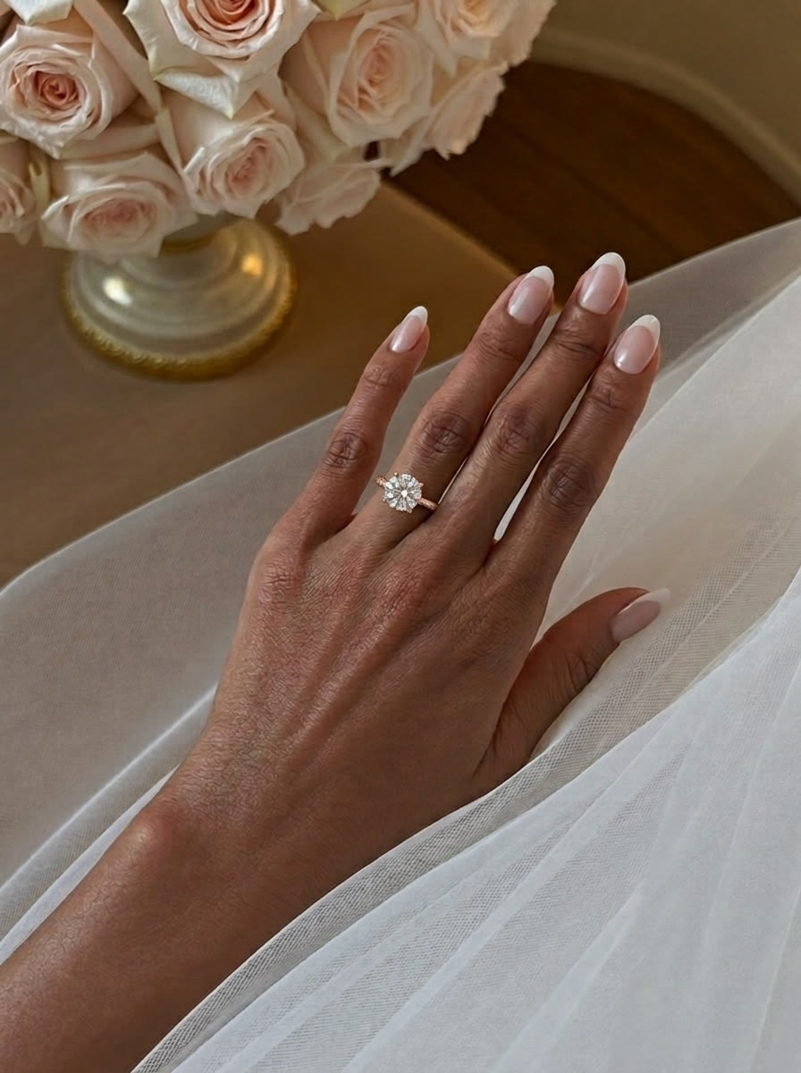 'Grace' Round Brilliant Cut Engagement Ring on the hand, rose gold