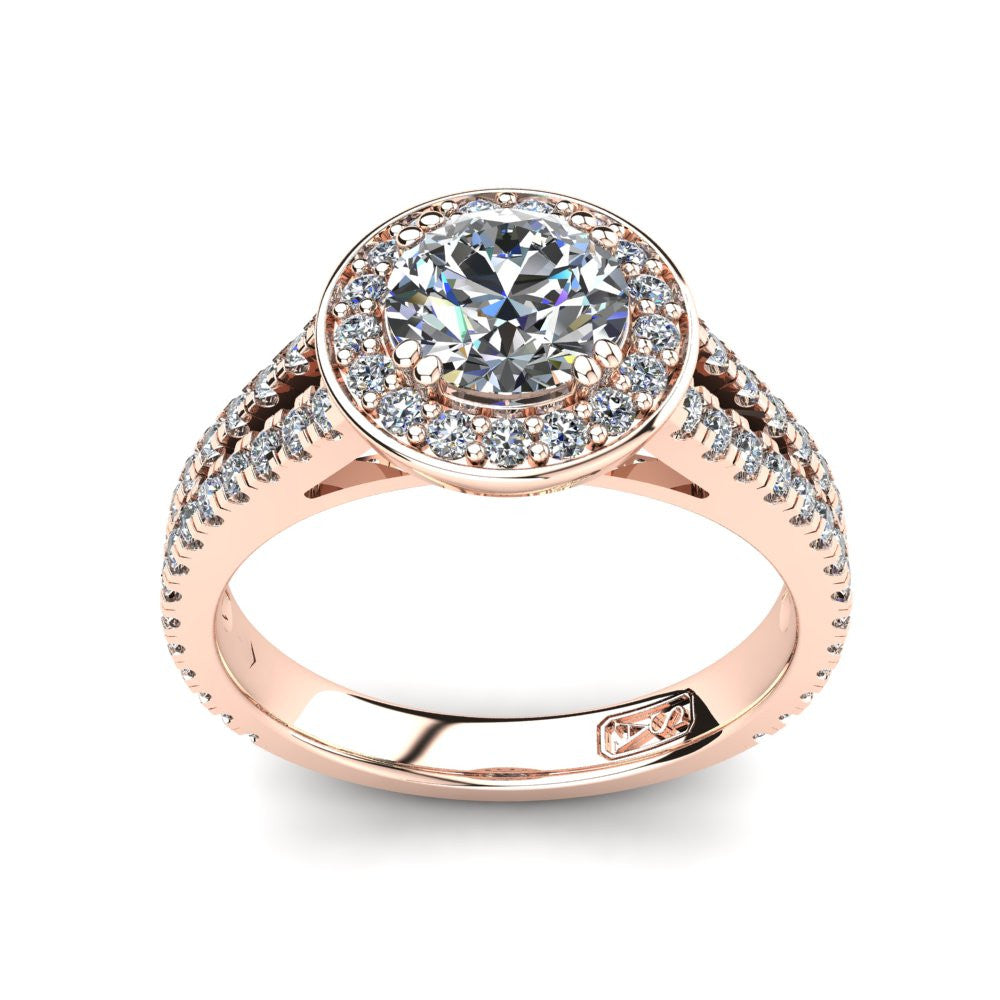 18kt Rose Gold, Halo Setting with Split Accent Stone Band