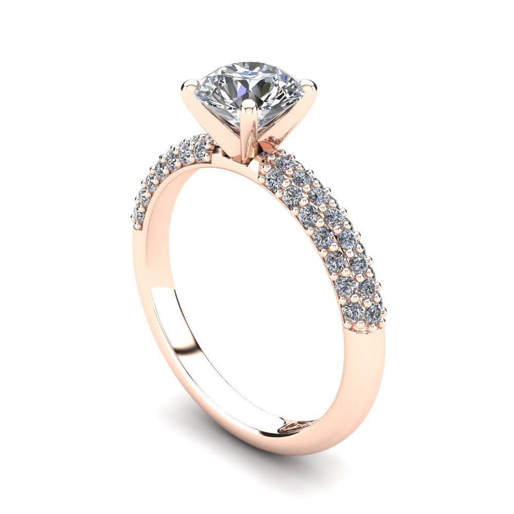 18kt Rose Gold, Solitaire Setting with 3 Row Pavé set Accent Stones