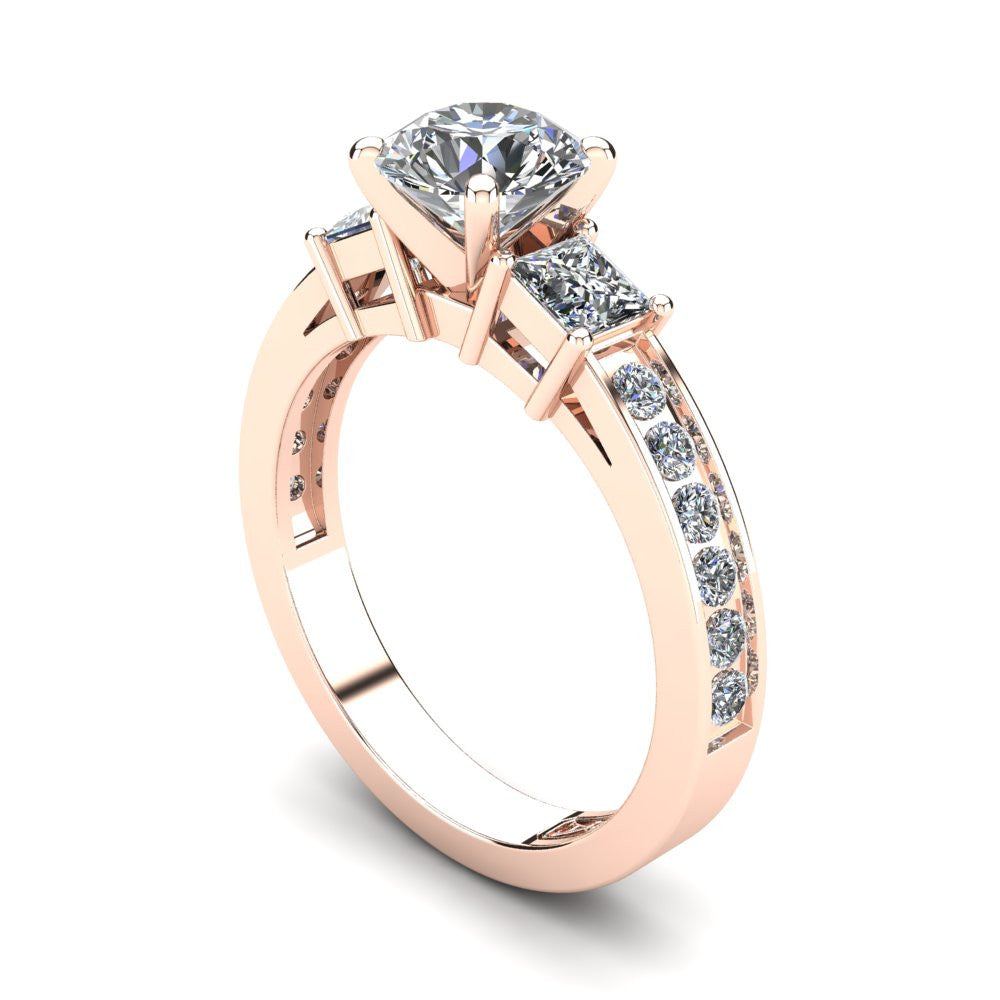 18kt Rose Gold, Tri-Stone Setting with Bead set Accent Stones