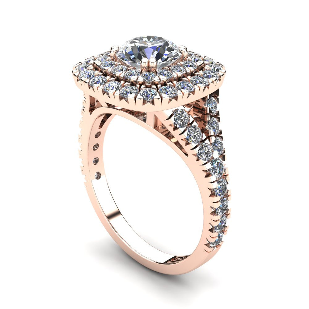 18kt Rose Gold, Double Halo Setting with Split Accent Stone Band