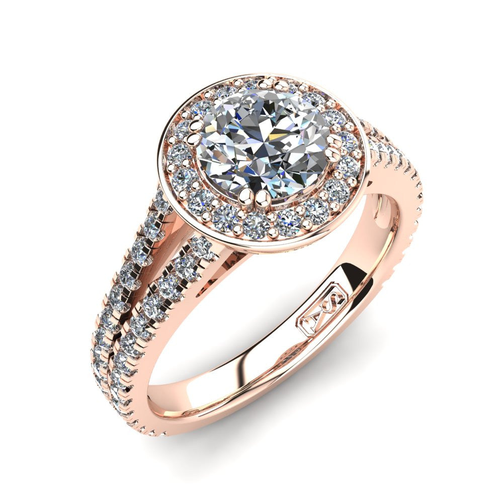 18kt Rose Gold, Halo Setting with Split Accent Stone Band