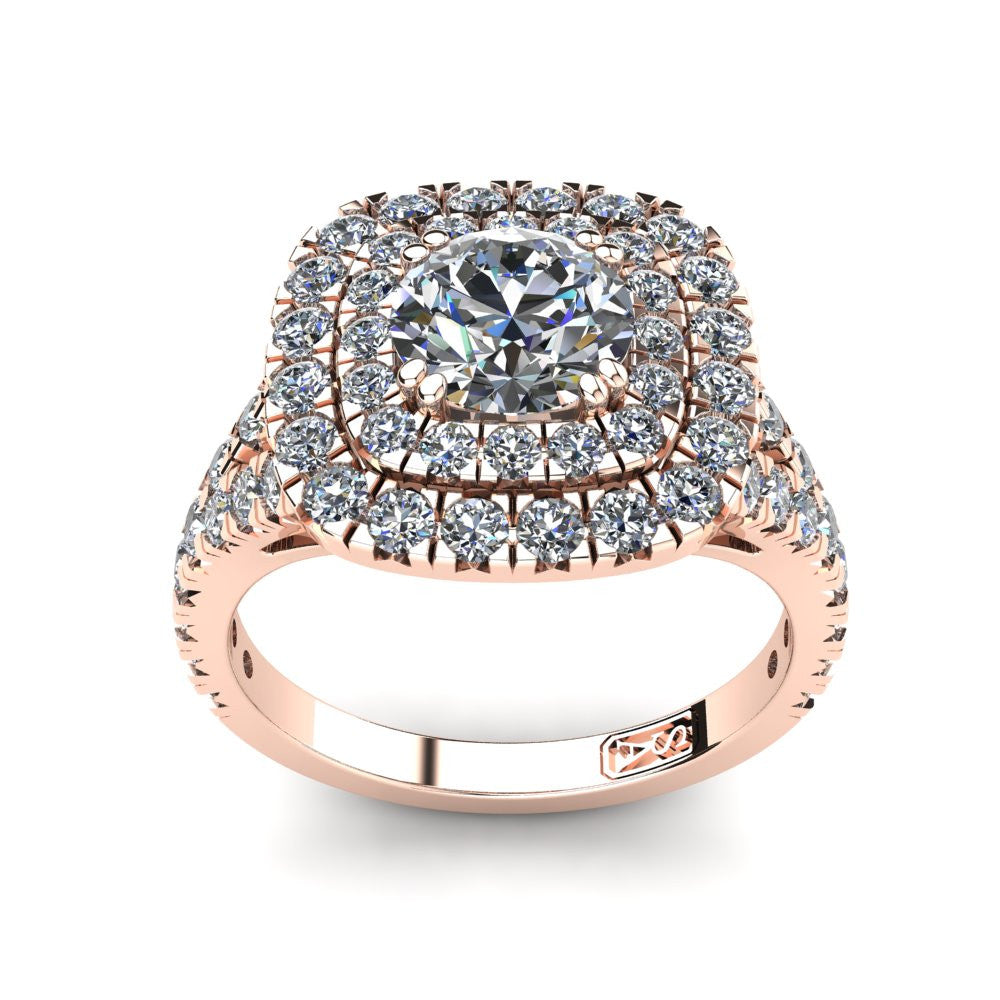 18kt Rose Gold, Double Halo Setting with Split Accent Stone Band