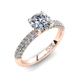 18kt Rose Gold, Solitaire Setting with 3 Row Pavé set Accent Stones