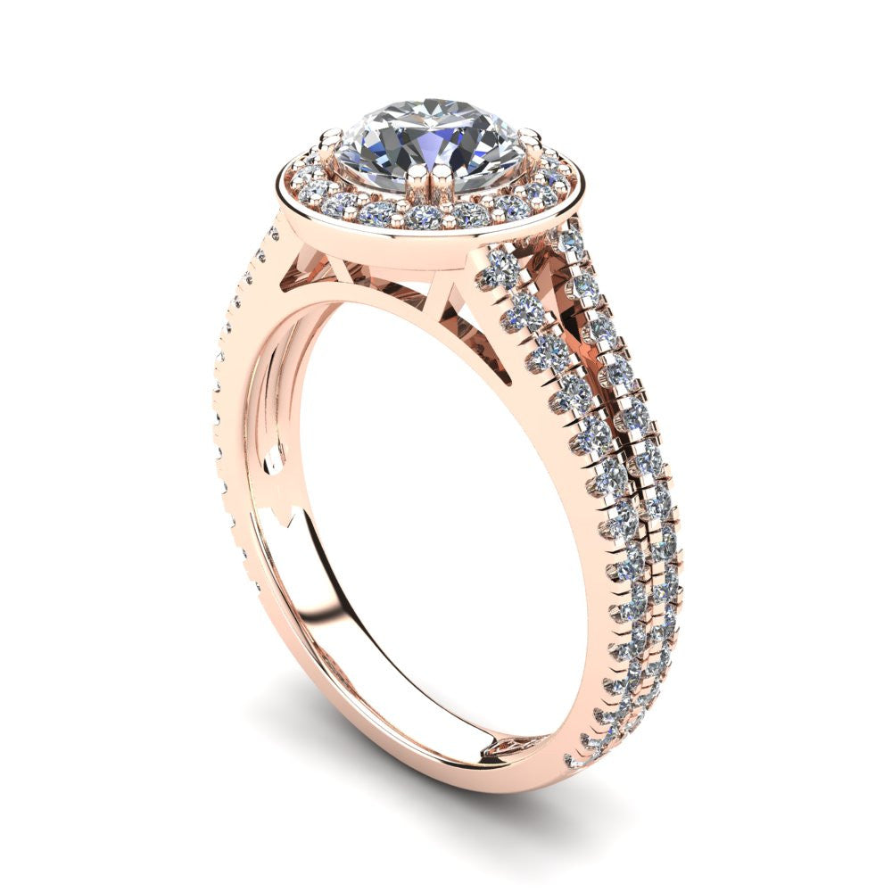 18kt Rose Gold, Halo Setting with Split Accent Stone Band