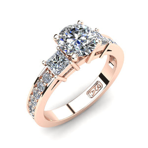 18kt Rose Gold, Tri-Stone Setting with Bead set Accent Stones