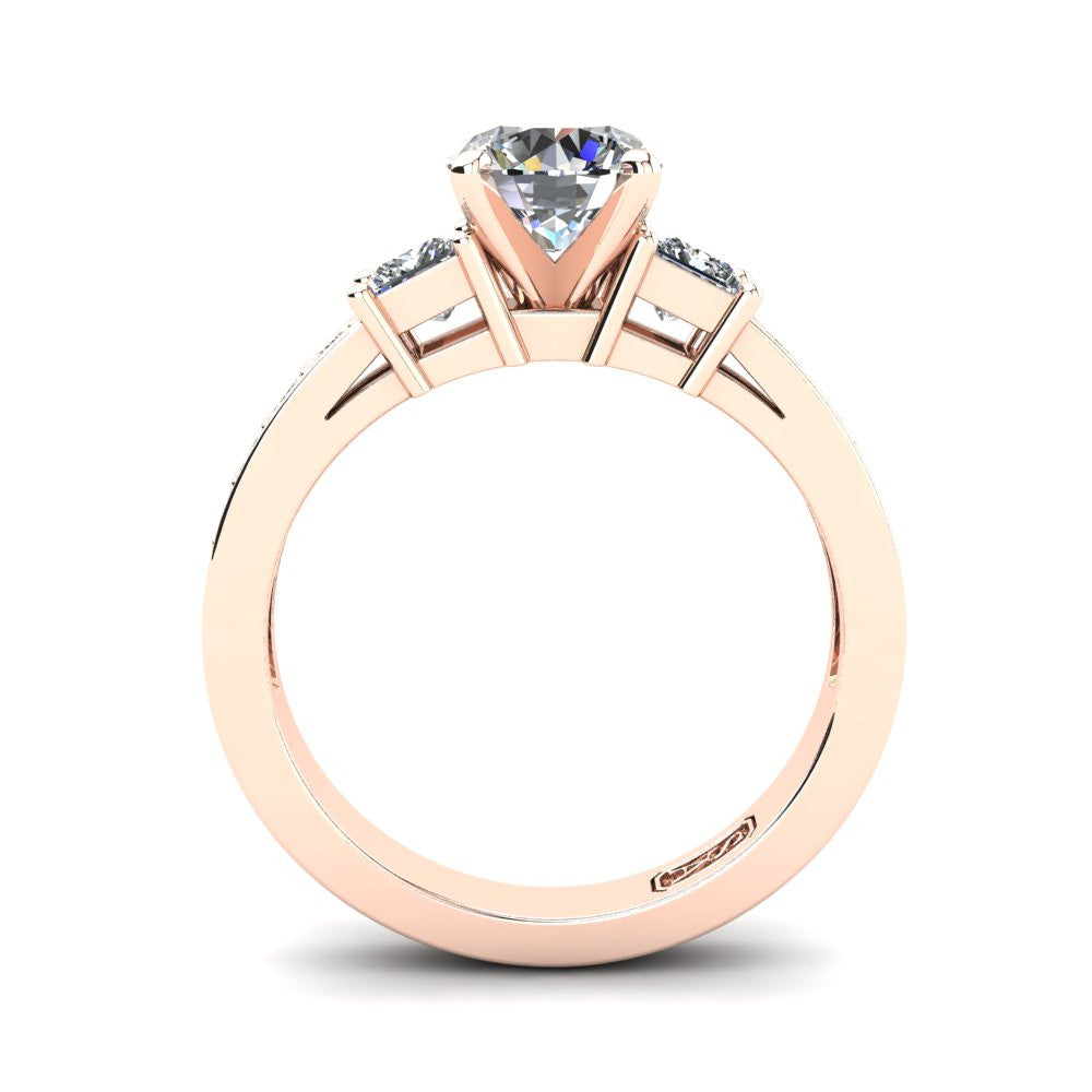 18kt Rose Gold, Tri-Stone Setting with Bead set Accent Stones
