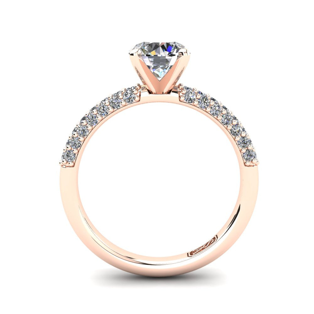 18kt Rose Gold, Solitaire Setting with 3 Row Pavé set Accent Stones