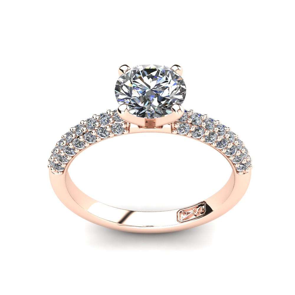 18kt Rose Gold, Solitaire Setting with 3 Row Pavé set Accent Stones