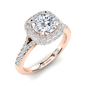 18kt Rose Gold Solitaire with Double Halo and Accent Diamonds with U Setting