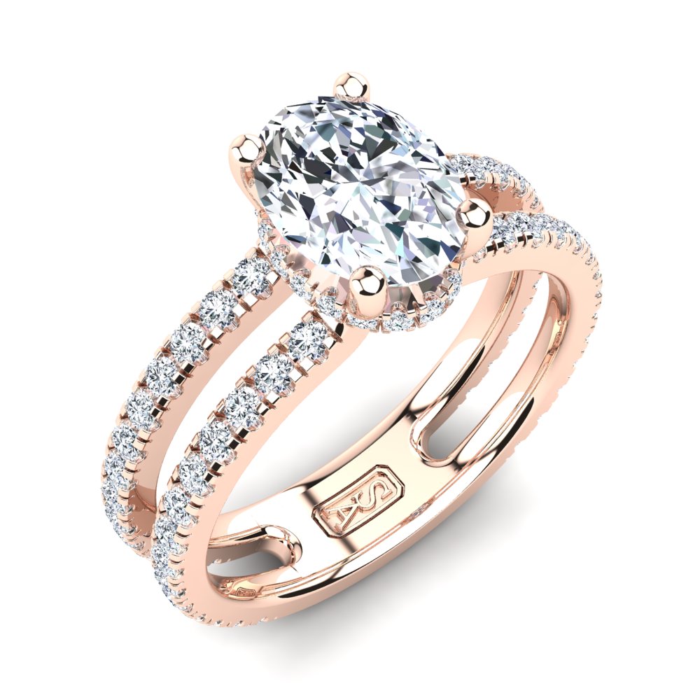 18kt Rose Gold, Solitaire Hidden Halo Setting, Dual Band with Scallop Setting Accent Stones